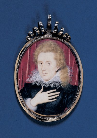 Portrettminiatyr av en ung herre, ca. 1615 (akvarell på vellum lagt ned på kort med sølvforgylt ramme) av Isaac Oliver
