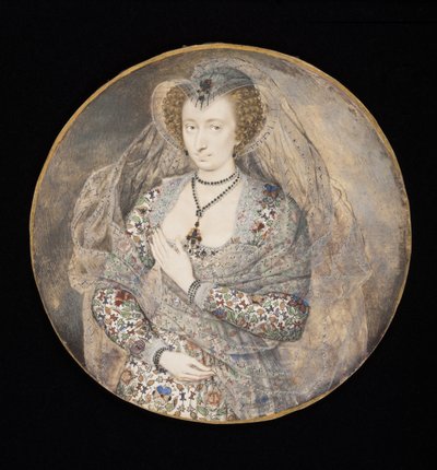 Ukjent dame, tidligere kalt Lucy Harrington, grevinne av Bedford, ca. 1605 (kroppsfarge og wc på kort) (for skisse se 88888) av Isaac Oliver