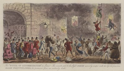"House of Accommodation" i Flames! (farget gravering) av Isaac Robert (after) Cruikshank