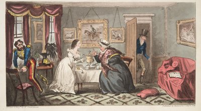 A Bath Beau and Frail Belle eller Mr B. and Miss L., fra The English Spy, pub. 1824 (håndfarget gravering) av Isaac Robert Cruikshank