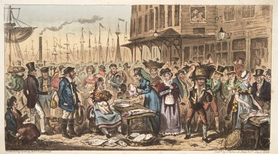 A Frolic in High Life, eller et besøk til Billingsgate, fra The English Spy, pub. 1824 (håndfarget gravering) av Isaac Robert Cruikshank