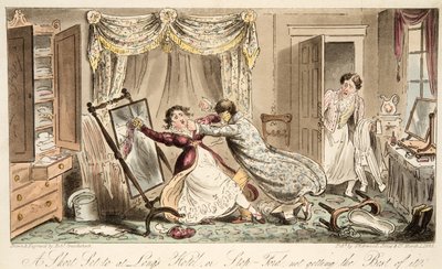 A Short Set til på Longs Hotel eller Stop-Ford får ikke det beste ut av det, fra The English Spy, pub. 1824 (håndfarget gravering) av Isaac Robert Cruikshank