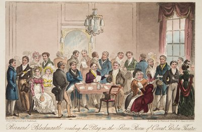 Bernard Blackmantle leser skuespillet sitt i Green Room i Covent Garden Theatre, fra The English Spy, pub. 1824 (håndfarget gravering) av Isaac Robert Cruikshank