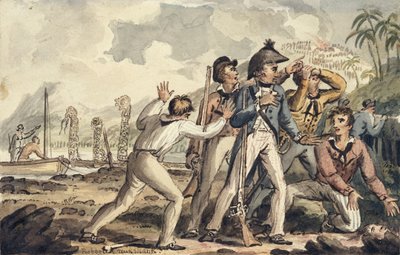 Kaptein Burney oppdager sine drepte skipskamerater, illustrasjon fra "The Voyages of Captain Cook" av Isaac Robert Cruikshank