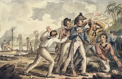 Kaptein Burney oppdager sine myrdede skipskamerater", fra Voyages of Captain Cook av Isaac Robert Cruikshank