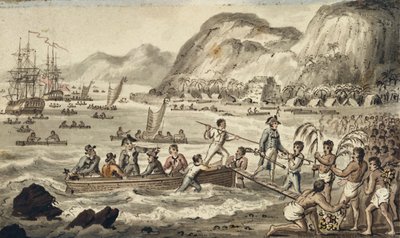 Captain Cook Landing in Owyhee, illustrasjon fra "The Voyages of Captain Cook" av Isaac Robert Cruikshank