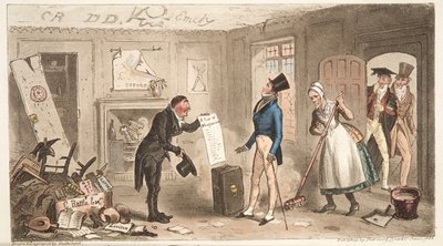 College Comforts, A Freshman tar besittelse av rommene sine, fra The English Spy, pub. 1824 (håndfarget gravering) av Isaac Robert Cruikshank
