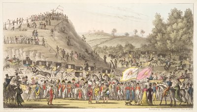 Eton Montem, and the Mount, Salt Hill, fra The English Spy, pub. 1824 (håndfarget gravering) av Isaac Robert Cruikshank