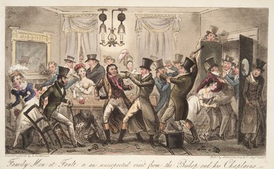 Family Men at Fault, eller et uventet besøk fra The Bishop and his Chaplains, fra The English Spy, pub. 1824 (håndfarget gravering) av Isaac Robert Cruikshank