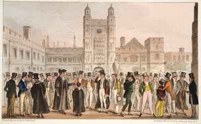 First Absence, eller Etonians Answering Morning Master Roll, fra The English Spy publisert 1824 (håndfarget gravering) av Isaac Robert Cruikshank
