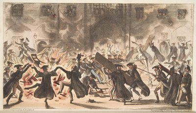 Flooring of Mercury, eller Burning of the Oaks, fra The English Spy, pub. 1824 (håndfarget gravering) av Isaac Robert Cruikshank