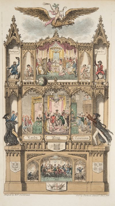 Frontispice, fra The English Spy, pub. 1824 (håndfarget gravering) av Isaac Robert Cruikshank