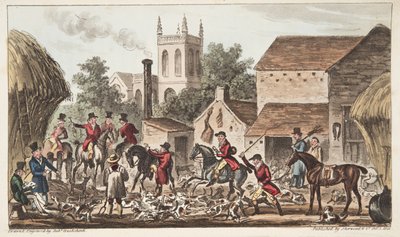 Går ut; En utsikt over Berkeley Hunt Kennel, fra The English Spy publisert 1824, (håndfarget gravering) av Isaac Robert Cruikshank