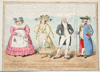 Husholdningstropper, eller en skisse av noen få av de viktigste pålitelige og konfidensielle husstandene til verdige og tillitsfulle familier, 1827 (håndfarget gravering) av Isaac Robert Cruikshank