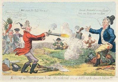 Killing no Murder, eller en ny ministeriell måte å avgjøre nasjonens saker på!, 1809 (fargetsning) av Isaac Robert Cruikshank