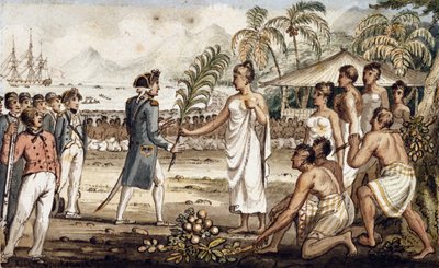 Oatehite, illustrasjon fra "The Voyages of Captain Cook" av Isaac Robert Cruikshank