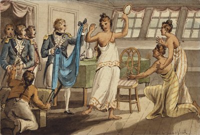 Otahitiano, illustrasjon fra "The Voyages of Captain Cook" av Isaac Robert Cruikshank