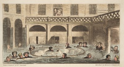 Public Bathing at Bath or Strewing Alive, fra The English Spy, pub. 1824 (håndfarget gravering) av Isaac Robert Cruikshank