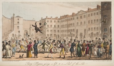 Surrey Collegians gir et løft til a Limb of the Law, fra The English Spy, publisert London, 1824 av Isaac Robert Cruikshank