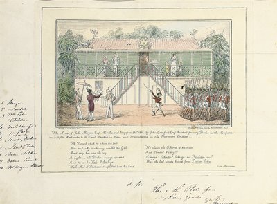 Arresten av John Morgan, Esq., Merchant, Singapore, oktober 1824, av John Crawford Esq., Resident, Tidligere Doctor on the Companies Service, Late Ambassador to Court, Bangkok, Siam, og Umrapoorah, Burmese Empire, mai 1827 av Isaac Robert Cruikshank