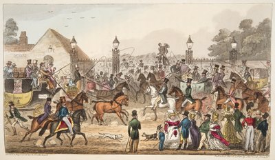 The Arrival, eller Western Entrance into Cockney Land, fra The English Spy publisert 1824, (håndfarget gravering) av Isaac Robert Cruikshank