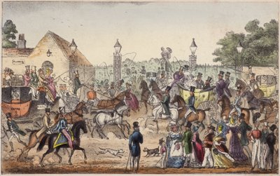 Ankomsten, eller vestlig inngang til Cockney Land (farget gravering) av Isaac Robert Cruikshank