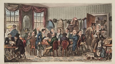 The Bags, Mens Bankett på Bell Inn, Cheltenham, fra The English Spy, pub. 1824 (håndfarget gravering) av Isaac Robert Cruikshank