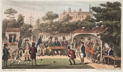 The Bowling Alley, Worcester, eller Characters of the Hand and Glove Club, fra The English Spy, publisert London, 1824 (håndfarget gravering) av Isaac Robert Cruikshank