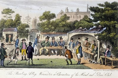 The Bowling Alley eller Characters of the Hand and Glove Club- i "" The English Spy"" av Charles Molloy Westmacott, tegning av Robert Cruikshank, London Edition av Isaac Robert Cruikshank