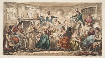 The Buff Club at the Pig and Whistle, Avon Street, Bath, fra The English Spy, pub. London, 1824 (håndfarget gravering) av Isaac Robert Cruikshank
