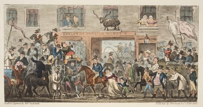 The Comical Procession fra The English Spy, pub. 1824 (håndfarget gravering) Gloucester til Berkeley, fra The English Spy, pub. 1824 (håndfarget gravering) av Isaac Robert Cruikshank
