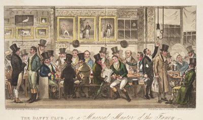 The Daffy Club, eller en musikalsk samling av fancy, fra The English Spy, pub. 1824 (håndfarget gravering) av Isaac Robert Cruikshank