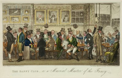 The Daffy Club, or a Musical Muster of the Fancy, utgitt i 1824 (farge litho) av Isaac Robert Cruikshank