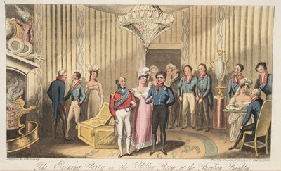 The Evening Party at the Pavilion, Brighton, fra The English Spy, pub. 1824 (håndfarget gravering) av Isaac Robert Cruikshank