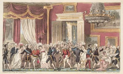 Kvelden i det runde rommet; eller en Squeeze på Carlton Palace, fra The English Spy, pub. 1824 (håndfarget gravering) av Isaac Robert Cruikshank