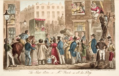 The Great Actor, eller Mr Punch in all his Glory, fra The English Spy, pub. 1824 (håndfarget gravering) av Isaac Robert Cruikshank