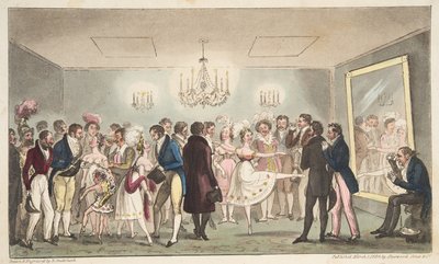 The Green Room of the Kings Theatre, eller Noble Amatører som ser på Foreign Curiosities, fra The English Spy, pub. 1824 (håndfarget gravering) av Isaac Robert Cruikshank