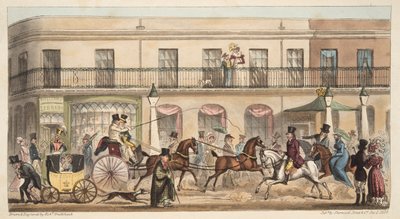 The High Street, Cheltenham, fra The English Spy, pub. 1824 (håndfarget gravering) av Isaac Robert Cruikshank