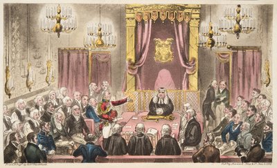 The House of Lords in High Debate, fra The English Spy, pub. 1824 (håndfarget gravering) av Isaac Robert Cruikshank