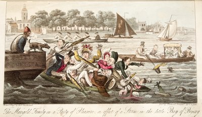 The Marigold Family on a Party of Pleasure, eller effekten av en storm i den lille Biscayabukta, fra The English Spy, pub. 1824 (håndfarget gravering) av Isaac Robert Cruikshank