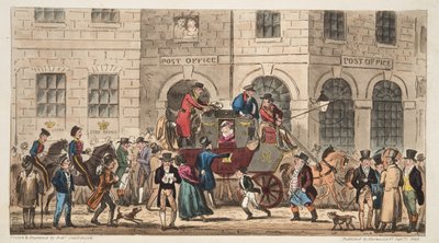 Postkontoret Bristol, Arrival of the London Mail, fra The English Spy, publisert London, 1824 av Isaac Robert Cruikshank