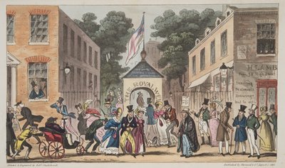 The Royal Wells, Cheltenham eller Spasmodic affections fra Spa Waters, fra The English Spy, pub. 1824 (håndfarget gravering) av Isaac Robert Cruikshank