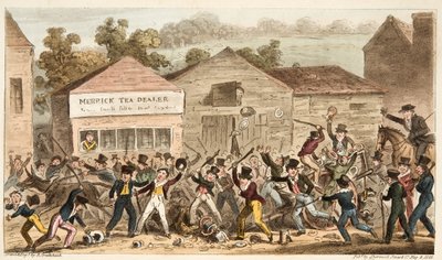 The Tea Pot Row at Harrow, eller Battle of Hog Lane, fra The English Spy, pub. 1824 (håndfarget gravering) av Isaac Robert Cruikshank