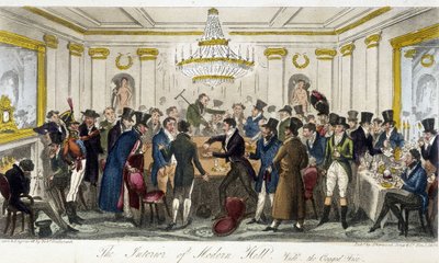 Interiøret i Modern Hall - i "" The English Spy"" av Charles Molloy Westmacott, tegning av Robert Cruikshank, London Edition av Isaac Robert Cruikshank