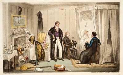 Tom Echo la opp med Headington-feberen eller en Oxonian veldig nær muren, fra The English Spy, publisert London, 1824 (håndfarget gravering) av Isaac Robert Cruikshank