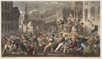 Town and Gown, fra The English Spy, pub. 1824 (håndfarget gravering) av Isaac Robert Cruikshank