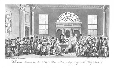 Velkjente karakterer i pumperommet, Bath, tar en slurk med kong Bladud, 1825 av Isaac Robert Cruikshank