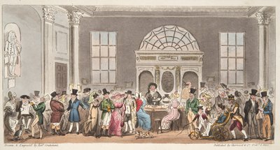 Kjente besøkende til Pump Room, Bath, tar en slurk med King Bladud, fra The English Spy, pub. 1824 (håndfarget gravering) av Isaac Robert Cruikshank