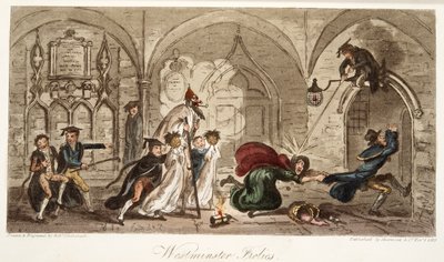 Westminster Frolics, fra The English Spy, pub. 1824 (håndfarget gravering) av Isaac Robert Cruikshank