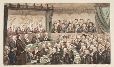 Westminster Hall, fra The English Spy, pub. 1824 (håndfarget gravering) av Isaac Robert Cruikshank